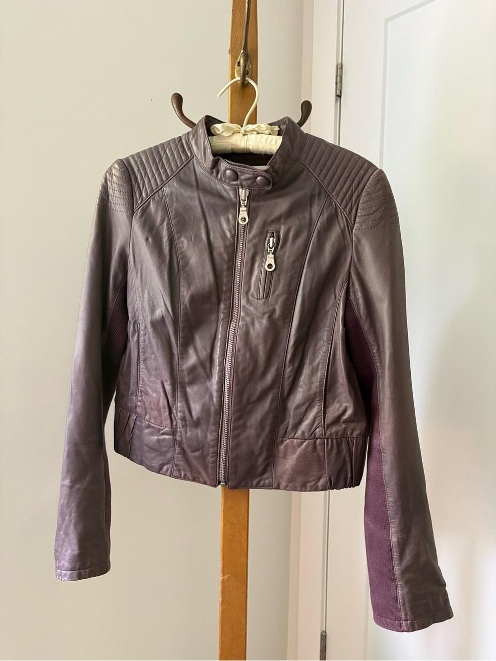 BRUUNS BAZAAR Vintage Plum Leather Moto Jacket Size 38
